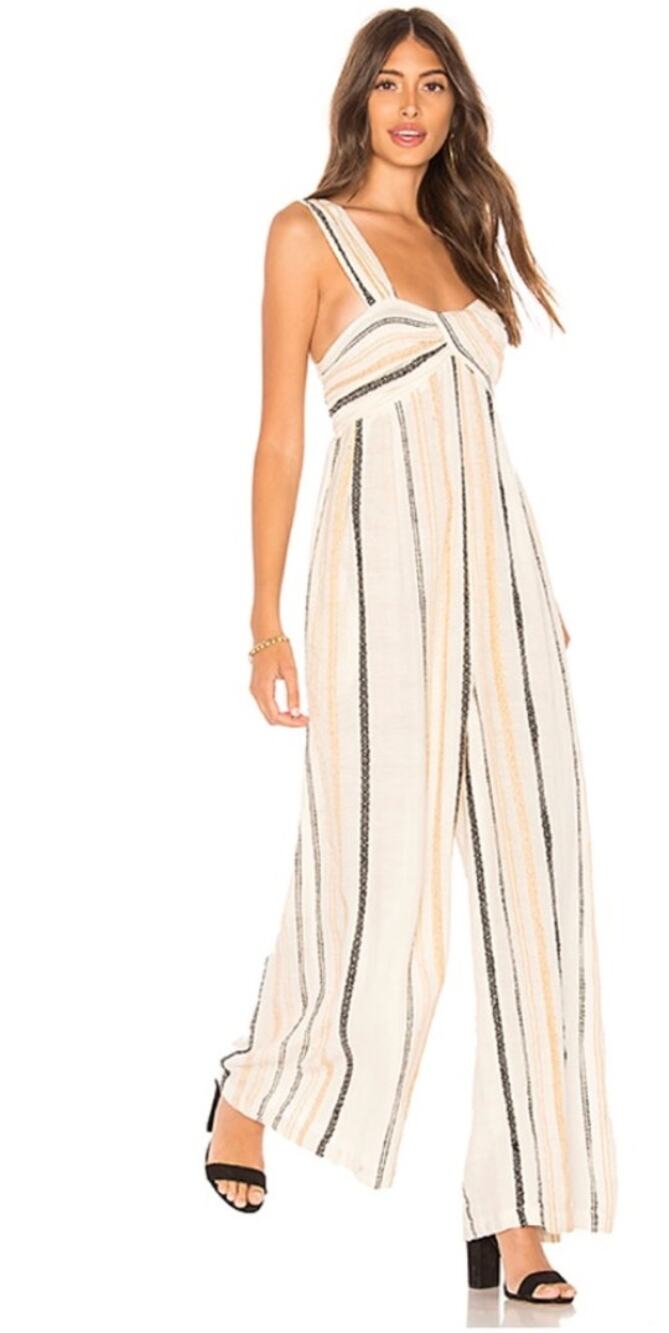 NWT Free People Breezin Through Jumpsuit Beige Striped Wide Leg Boho LARGE